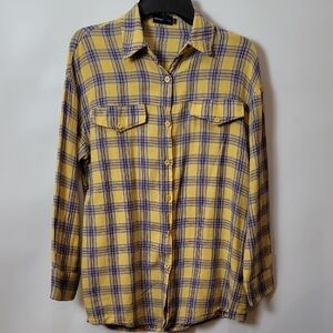 PrettyLittleThing Yellow and Purple Long Sleeve Button Down Shirt